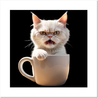 Funny Cat In Coffee Mug Crazy Mad Angry Cat Posters and Art